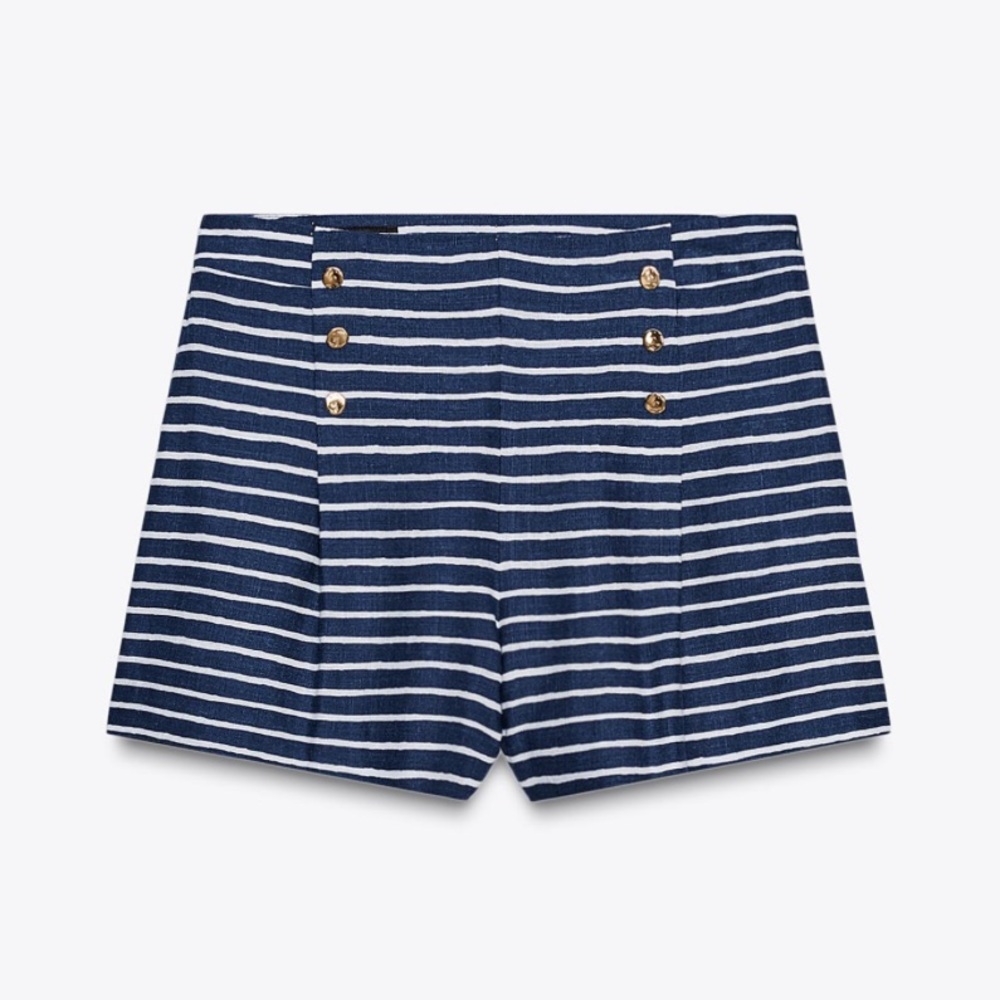 Zara Blue and White Striped Shorts with Gold Accents